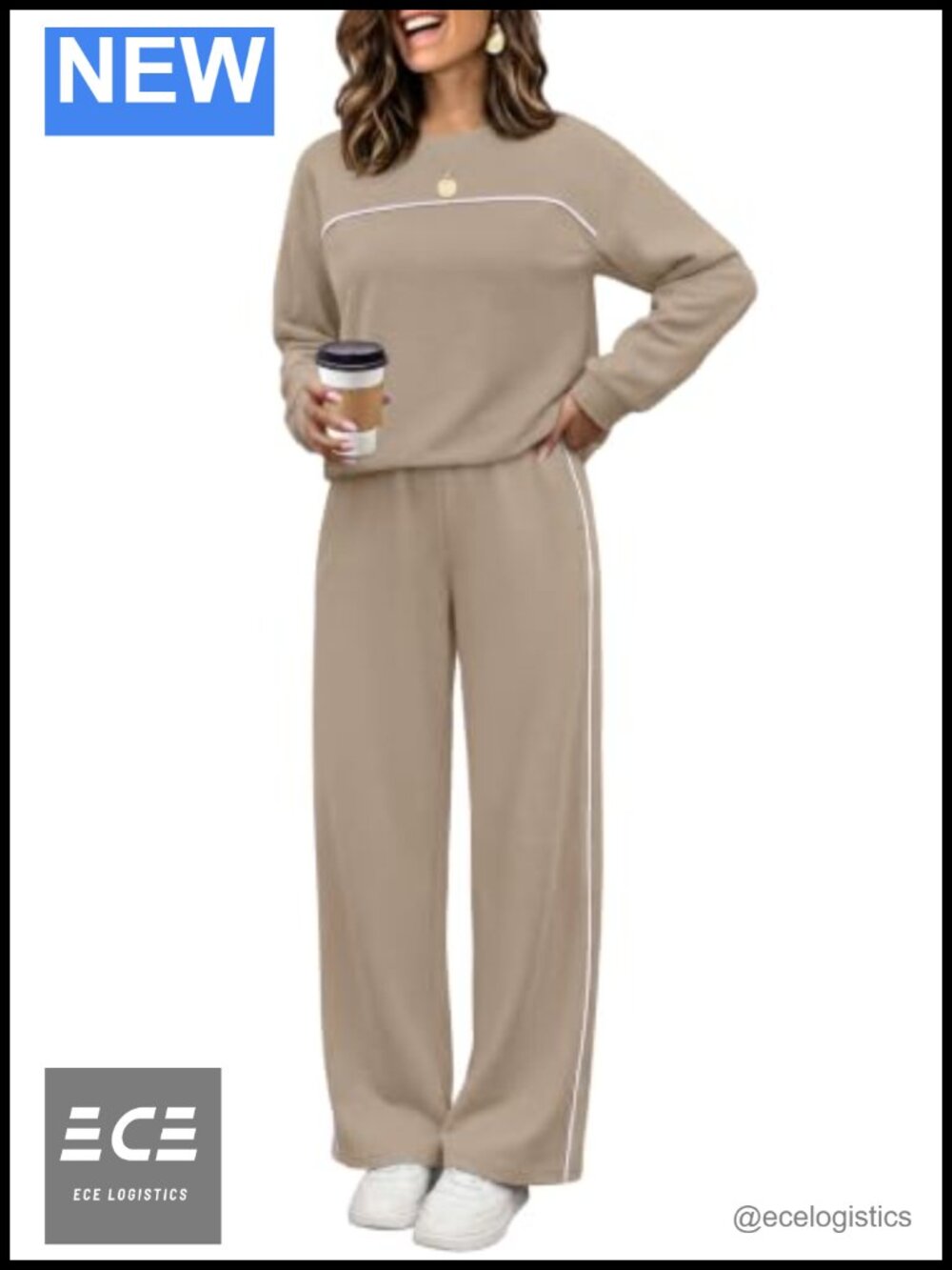 Women's 2 Piece Lounge Set Soft Knit Long Sleeve Top Wide Leg Pants
